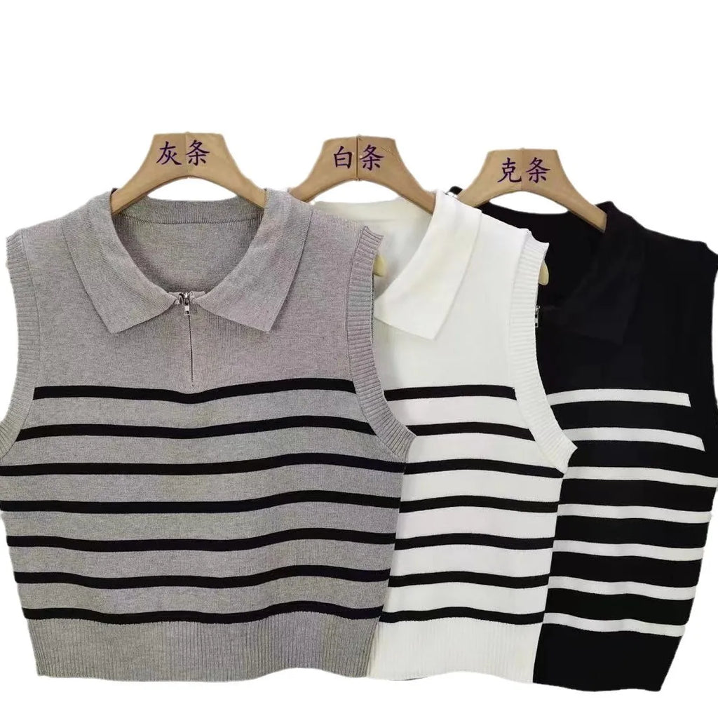 Retro Collar Zipper Striped Knitted Vest Sweater Autumn Winter Camisole Top for Women Clothes Wholesale