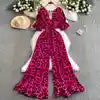 Women Sexy V Neck Short Sleeved Waist Fashion Female Ruffle Wide Leg Jumpsuit