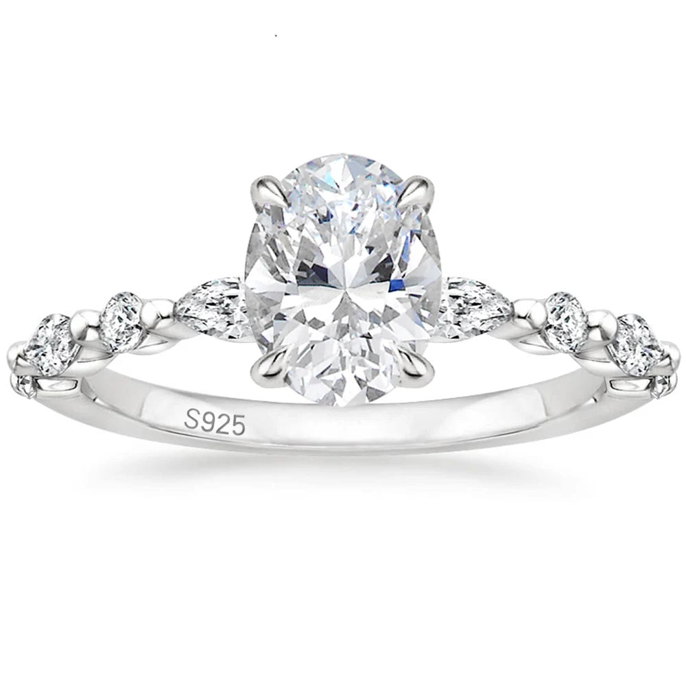 OAHLAN Women's 925 Sterling Silver Engagement Ring Oval Cut Cubic Zirconia Solitaire Halo Promise Ring Jewelry Fine Rings