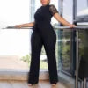 Women's Casual Satin Jumpsuit with Sexy Lace Cutout Short Sleeve High Waist Halter Collar Button Decoration