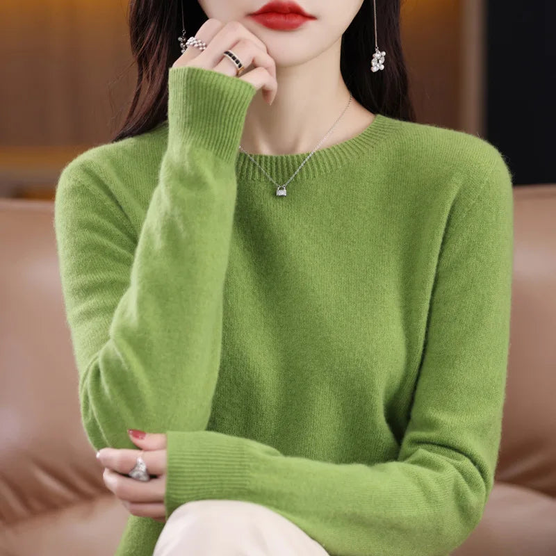 S-XXL Round Neck 100% Cashmere Knit Women's  Pullover Loose Bottom Sweater Autumn/Winter New Solid Color Sweater