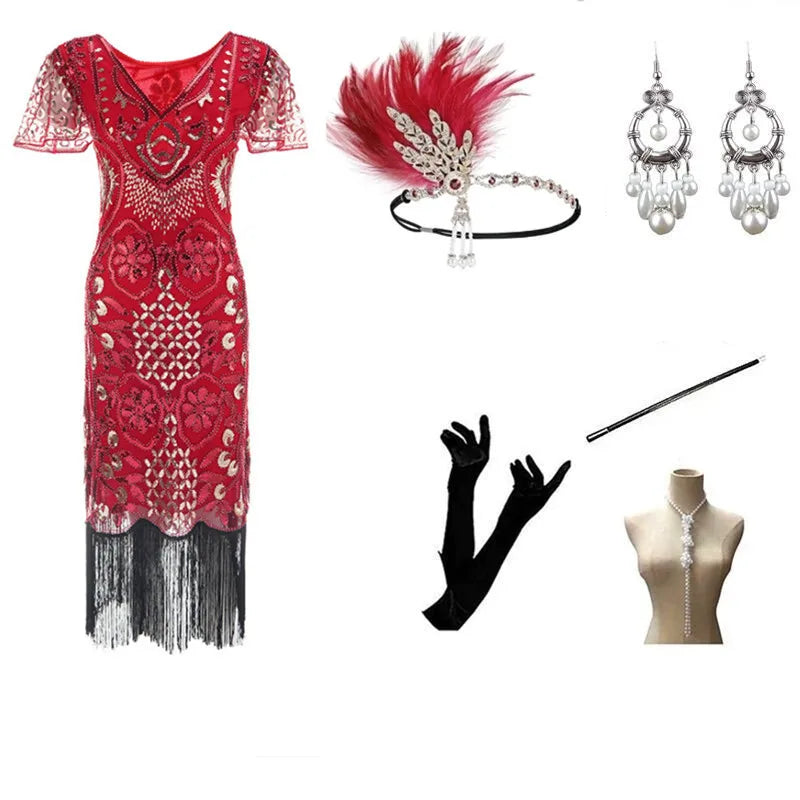 Halloween Cosplay Dress for Women 1920s Vintage Flapper Long Fringe Beaded Gatsby Party Dress With 20s Accessories Set
