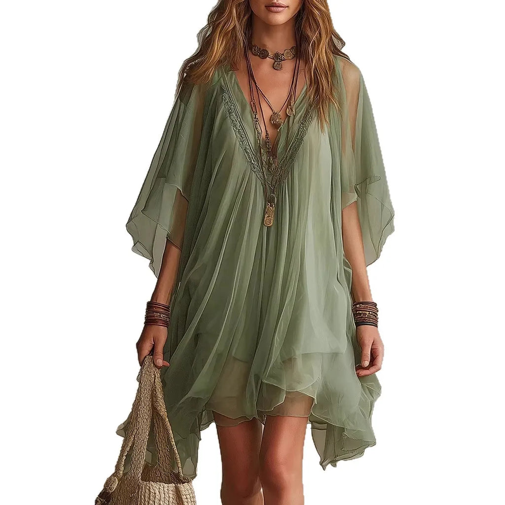 2026 Summer New European American Womens V-Neck Chiffon Dress Loose Beach Cover-Up Mid-length Princess Sleeve Solid Color