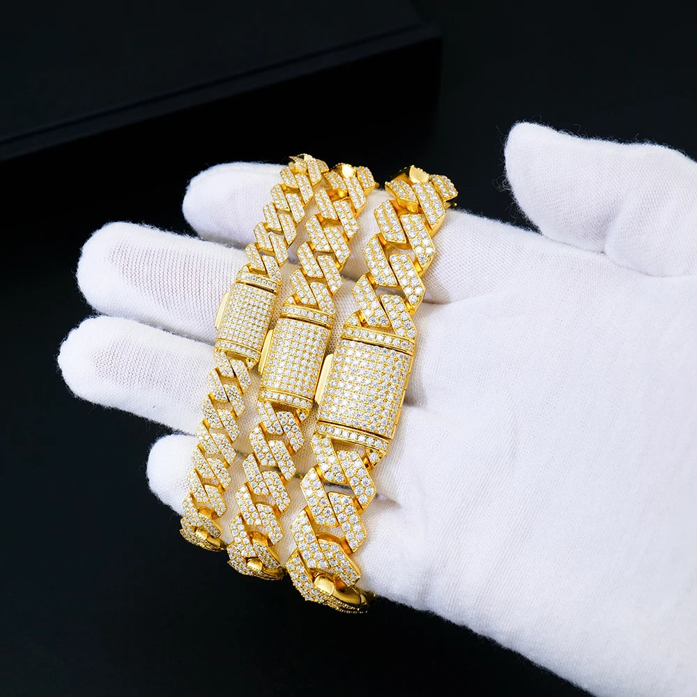 VVS Mossanite Diamond 8-20mm Iced Out  925 Sterling Silver Sharp Angeled Cuban Link Chain Hiphop Trendsetter Bracelet.