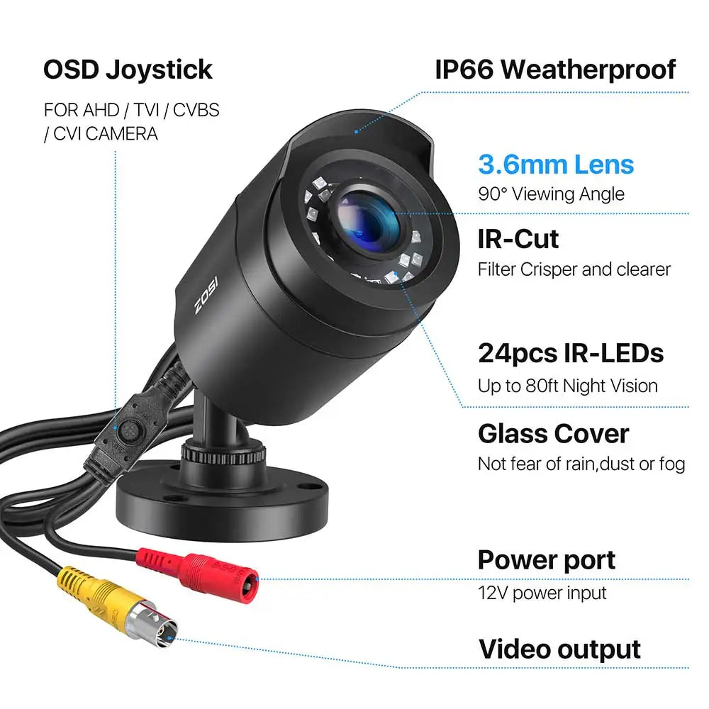 ZOSI 1080P 4-in-1 CCTV Security Camera ,3.6mm Lens 24 IR LEDs,80ft Night Vision ,Outdoor Whetherproof Surveillance Camera