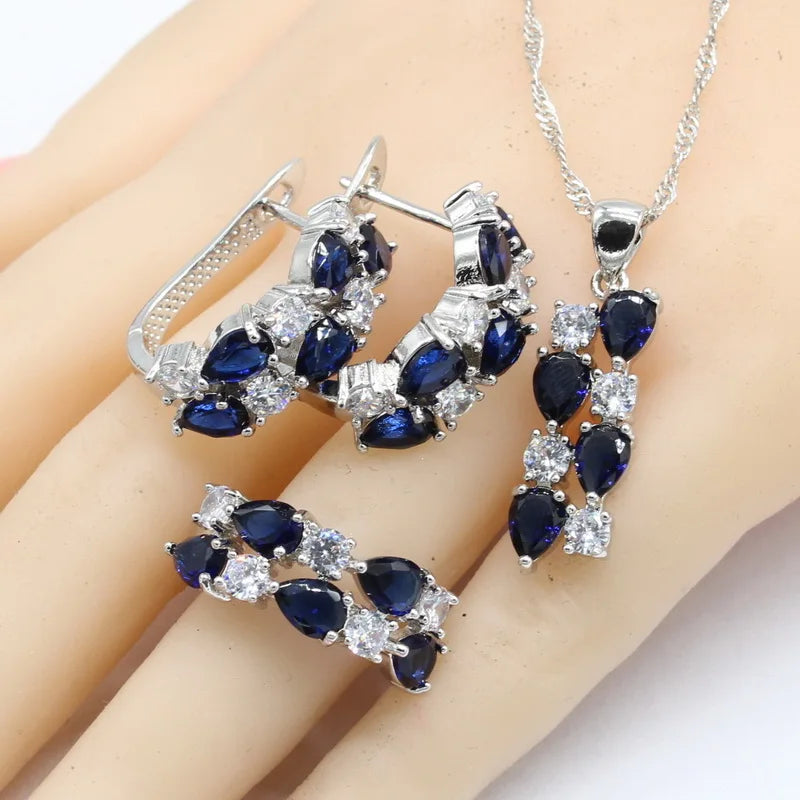 Dark Blue Sapphire 925 Silver Jewelry Set for Women Hoop Earrings Bracelet Rings Necklace Pendant for Parties Weddings Birthday