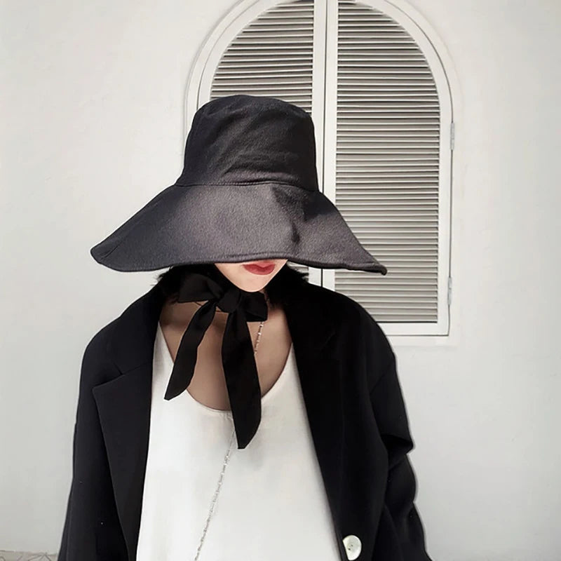 Japan and South Korea Big Brim Hat Women's Spring Summer Foldable Travel Sun Hat Cotton Linen Round Bandage Bow Fisherman Hat