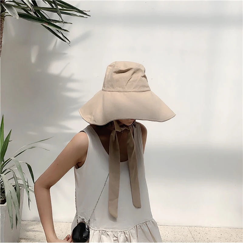 Japan and South Korea Big Brim Hat Women's Spring Summer Foldable Travel Sun Hat Cotton Linen Round Bandage Bow Fisherman Hat