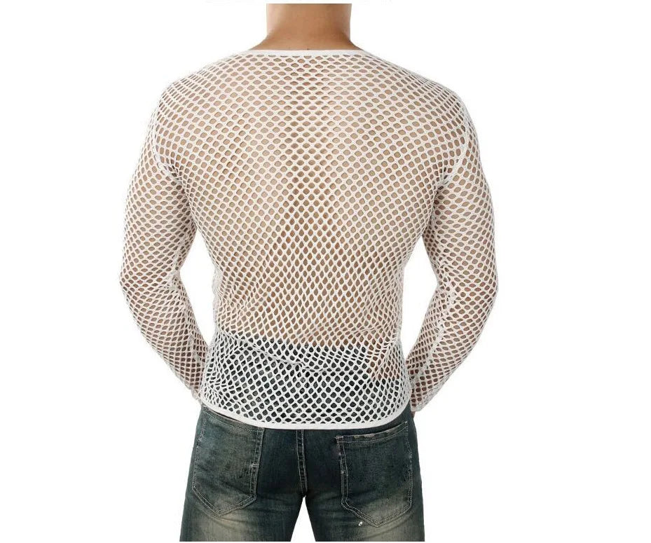 Mens Transparent Sexy Mesh T Shirt New See Through  Fishnet Long Sleeve Muscle Undershirts Nightclub Party Perform Top Tees