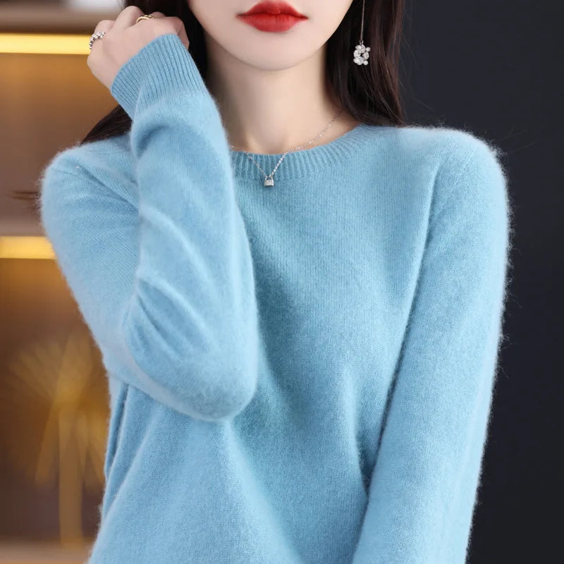 S-XXL Round Neck 100% Cashmere Knit Women's  Pullover Loose Bottom Sweater Autumn/Winter New Solid Color Sweater