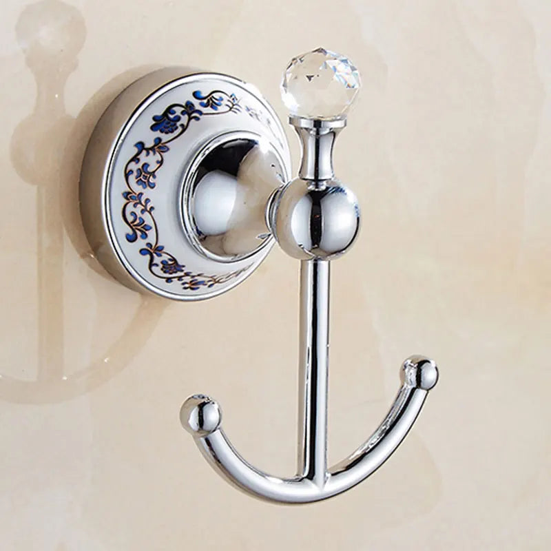 European Antique Blue and White Porcelain Chrome Finish Bathroom Hardware Set Silver&Crystal Towel Rack Bar Hook Basket Rack 5