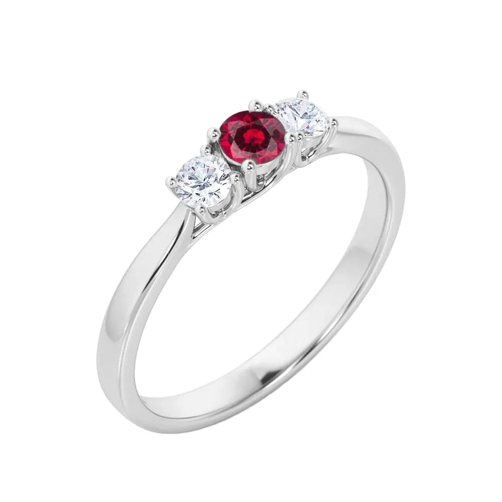 925 Sterling Silver Rhodium Plated Lab Created Ruby 0.7 Carat Cut Classic Three-Stone Certified Prong Set Engagement Ring