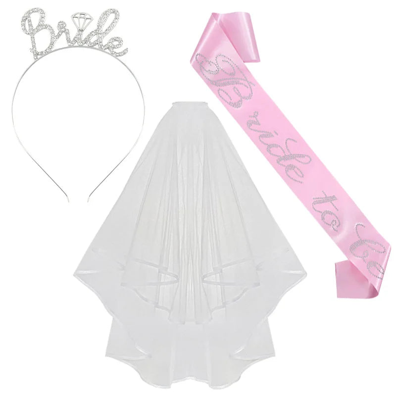 3-piece Set Bride to Be Crown Headband Shoulder Strap Wedding Veil Set for Bridal Shower WB007
