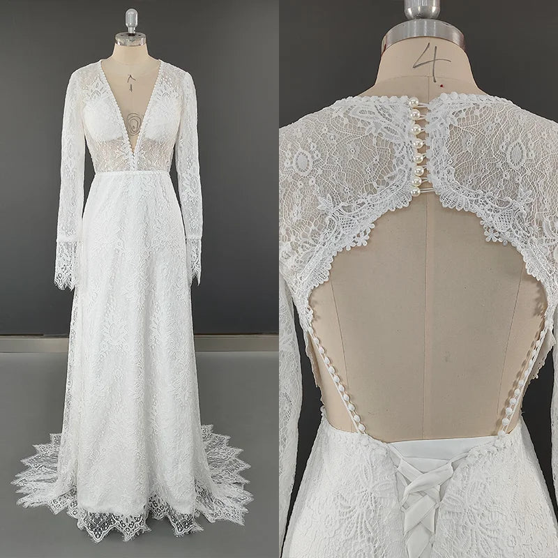 8756 # Real Photos Custom Sweep Train Appliques Lace V-neck Wedding Dress Bridal Gown Engagement Party Evening Dresses