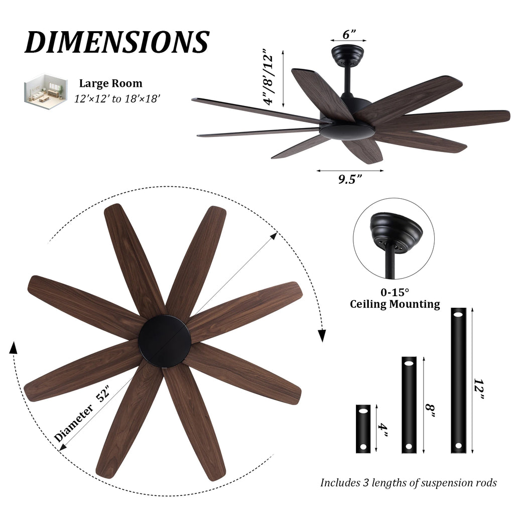USA in Stock 52 Inch Modern 8 Wood Blades Quiet DC Motor Living Room Ceiling Fan with Light