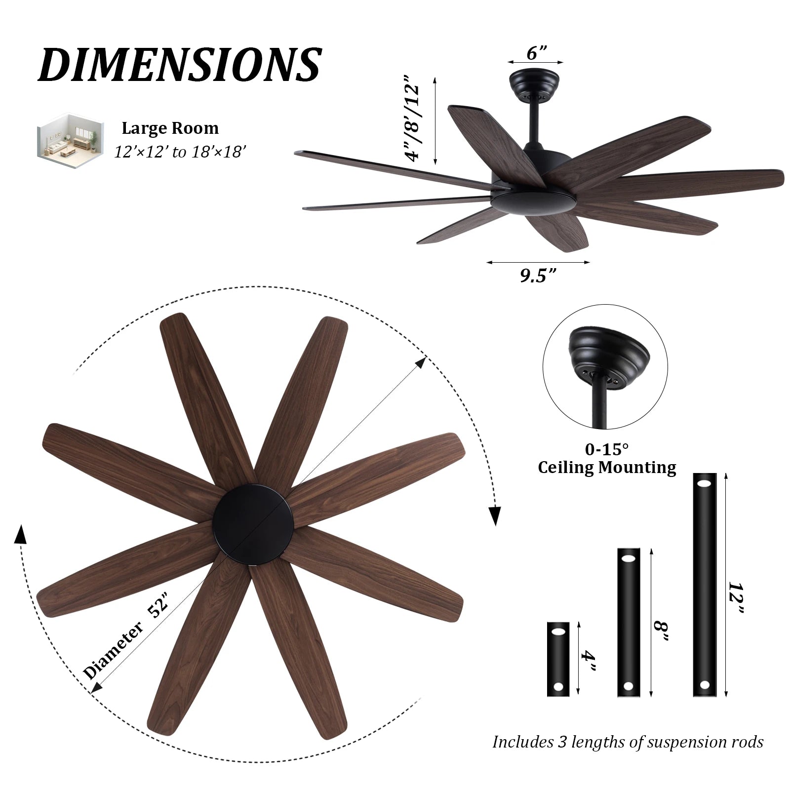 USA in Stock 52 Inch Modern 8 Wood Blades Quiet DC Motor Living Room Ceiling Fan with Light