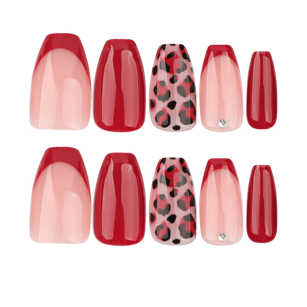 24 Pcs French Autumn/Winter New Arrival: Red Leopard Print Acrylic Press on Nails Customize False Nails 3528