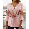 2024 Spring Summer New Fashion Women's Casual Floral Print V-Neck Elegant T-Shirt Full Sleeved Pleated Button T-shirt