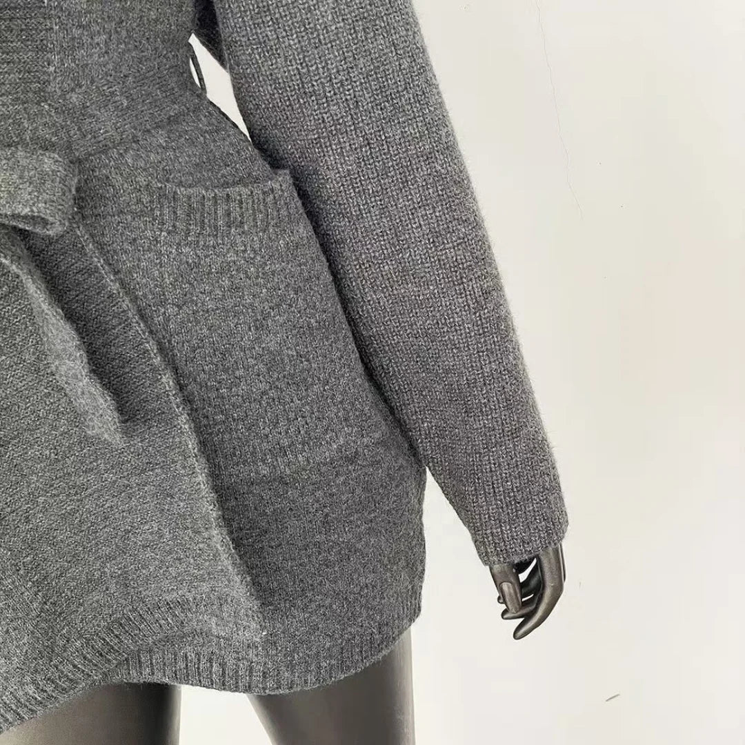 Women's New Spring Fashion Soft Midi Fox Fur Collar Knitted Cardigan Sweater Coat Casual Outerwear for Winter