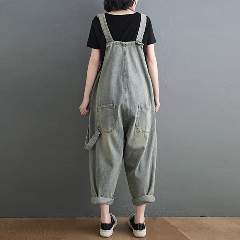 Boyfriend Loose Jeans Overalls For Women Casual Plus Size Wide Leg Denim Jumpsuit Straps Baggy Cargo Pants Big Pockets Dungarees