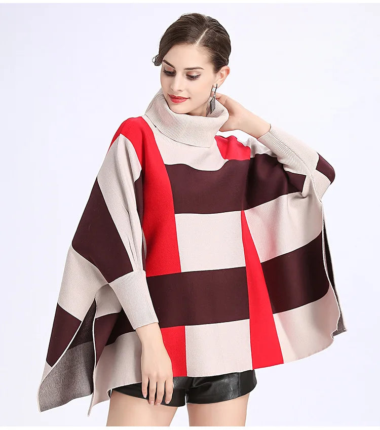 Wholesale 2025 Hot Sale Girl's Winter Cape Coats Luxury batwing Sleeve High Cloak Acrylic Knitted Warm Women's Poncho Sweater