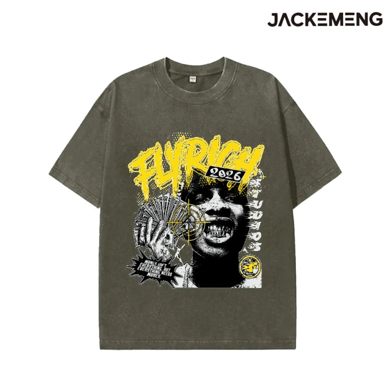 Oversized Washed Retro Money Streetwear Print Tshirt USA Stock Wholesale Y2K Casual Tee