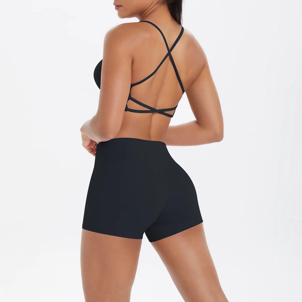 Support Custom Logo New Sports Bra Set Women Cross Back Padded Bra High Waist Butt Lifting Shorts Yoga Gym Running Activewear
