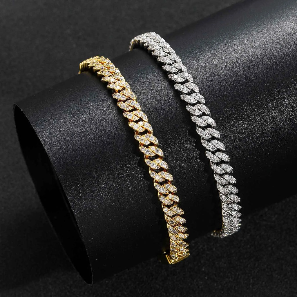 BES 6MM Hip Hop Bracelet Cuban Chain Spring Buckle Single Row Zircon Cuban Bracelet for Men Hip Hop Jewelry
