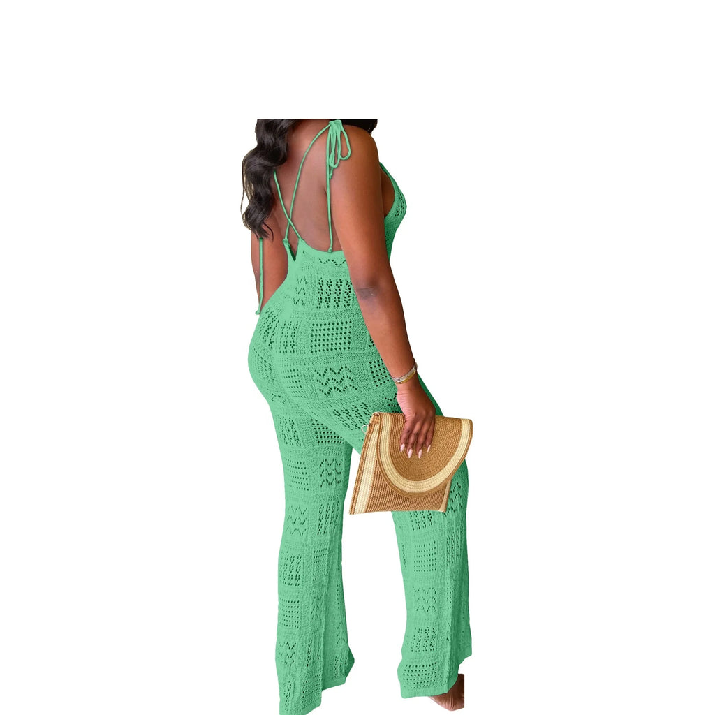 European and American Fashion Women's Solid Color Wool Knitted Sexy Tie Suspender Geometric Hollow-out Romper