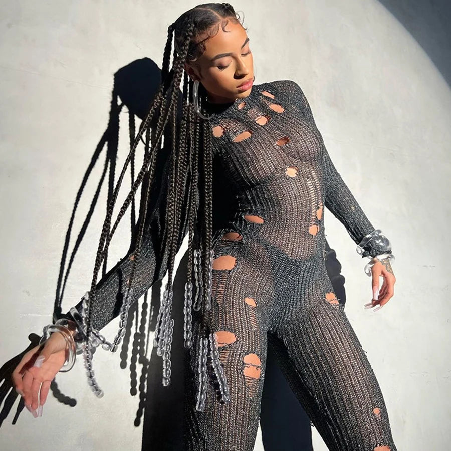 Oem Autumn Solid Long Sleeve O-neck Casual Knit Holes Long Sleeve Jumpsuit Streetwear Casual Women's Ripped Jumpsuit