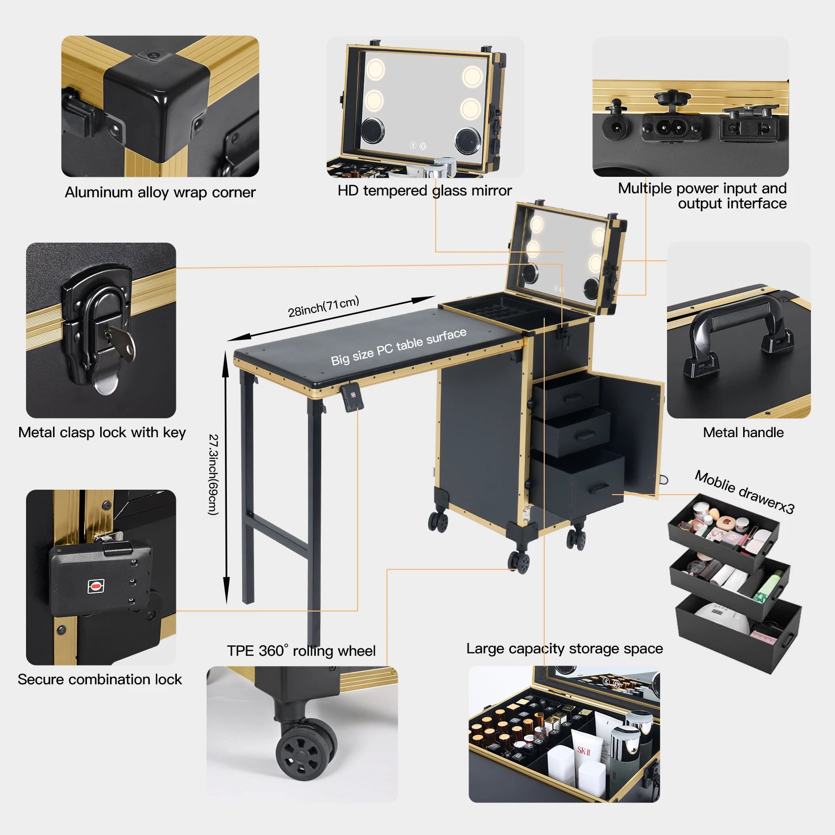 OBox Portable Wood Metal Makeup Rolling Case Manicure Dressing Desk Individual Compartments Foldable Modern/Classic Nail Table