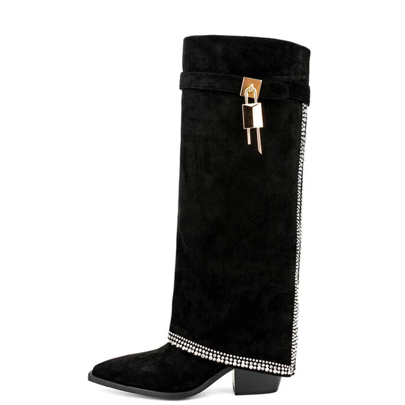 Shark Lock Soft Flock Long Booties Overlay Women's Bling Diamonds Knee High Boots Low Square Heels Shoes Big Size 45 Wide Fit