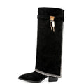 Shark Lock Soft Flock Long Booties Overlay Women's Bling Diamonds Knee High Boots Low Square Heels Shoes Big Size 45 Wide Fit
