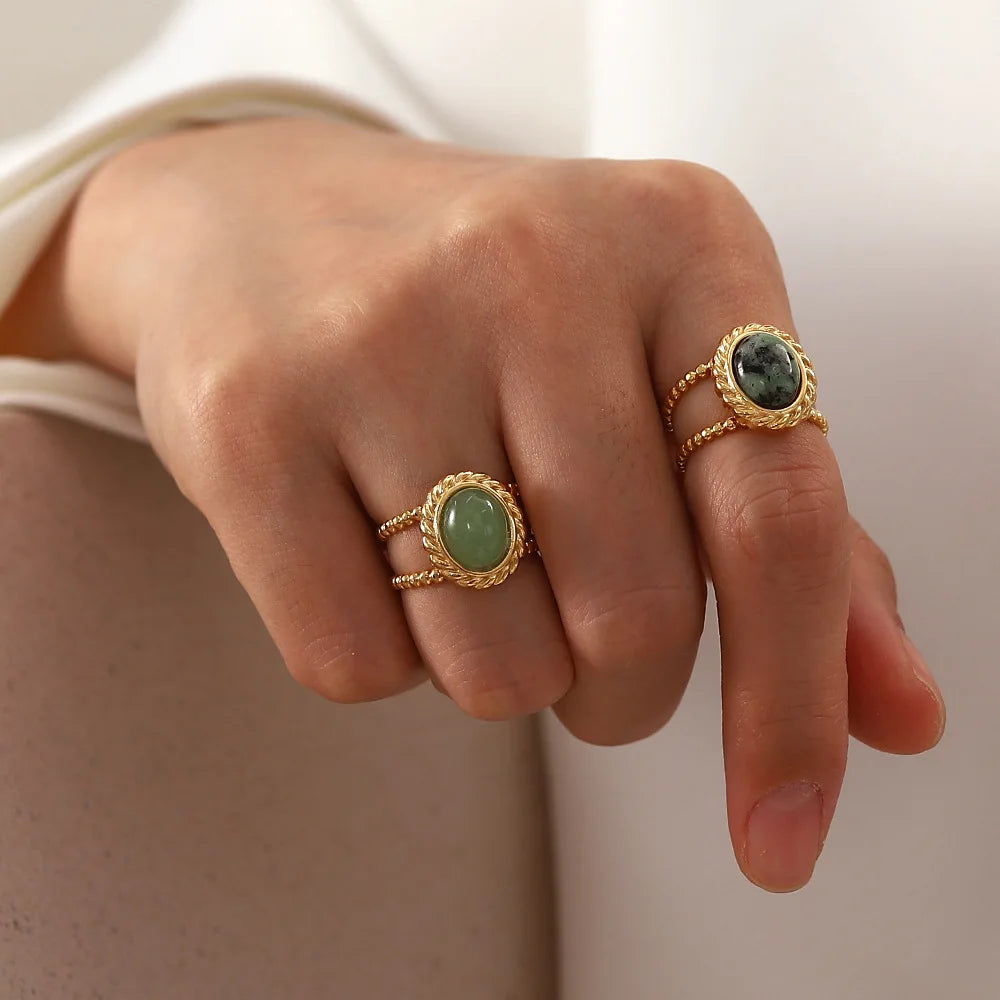 Fashion 18K Gold Plated Adjustable Open Ring Natural Stone Stainless Steel Turquoise Minimalist Rings Jewelry for Women Gift