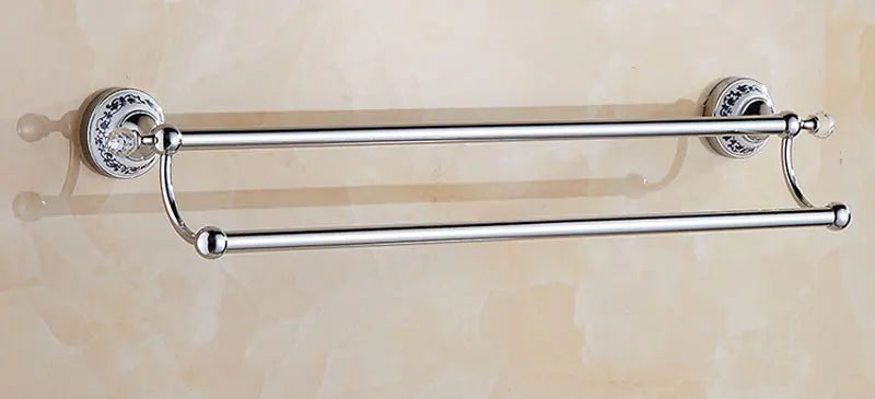 European Antique Blue and White Porcelain Chrome Finish Bathroom Hardware Set Silver&Crystal Towel Rack Bar Hook Basket Rack 5