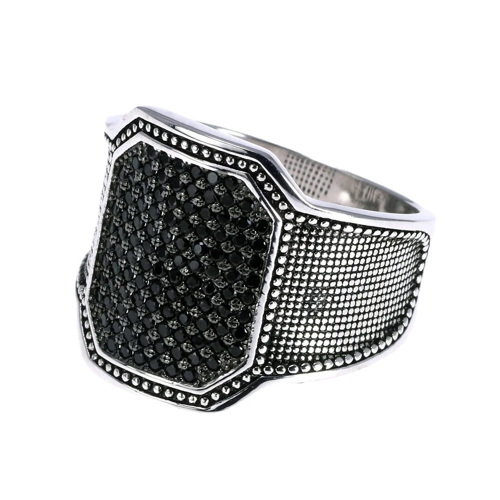 925 Sterling Silver Natural Black Zircon Stone Curved Design Turkish Men Rings