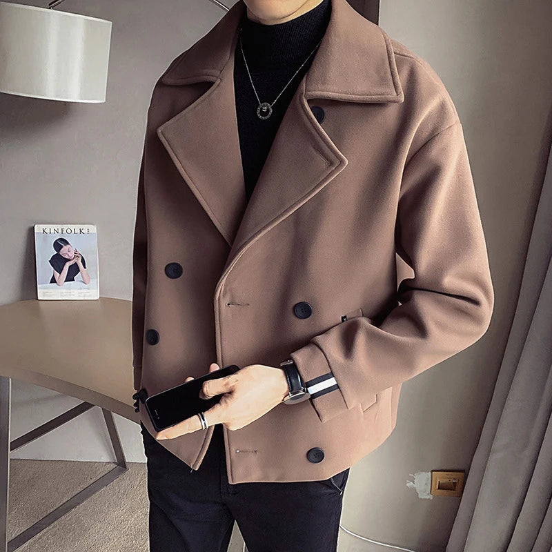 Trendy Brand Autumn Winter New Men's Cropped Jacket Korean Style Casual Fashion Woolen Overcoat Warm Net Red Version for Men