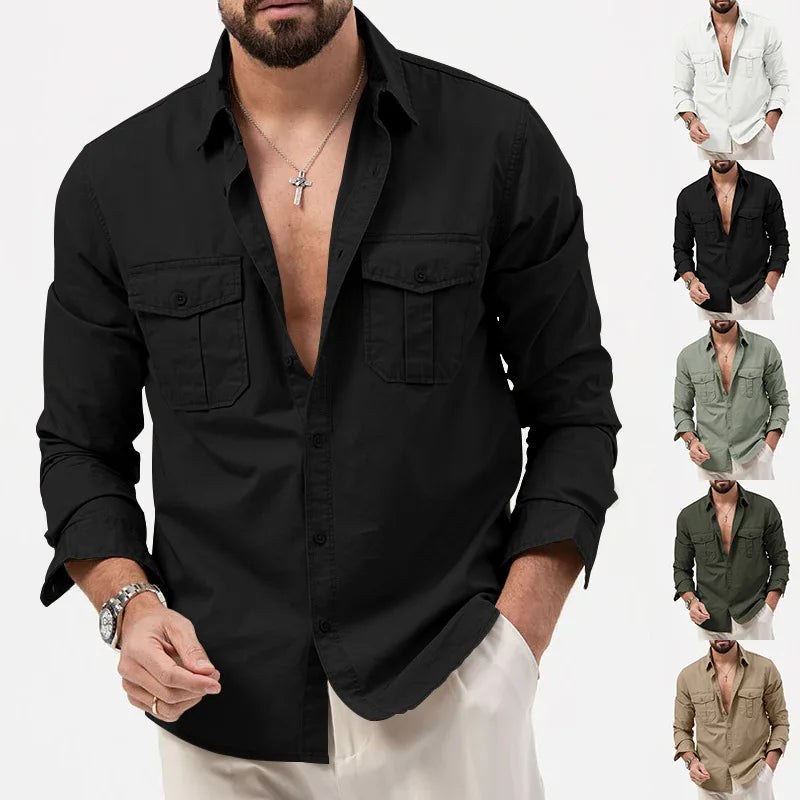 Spring Summer New European and American Men's Solid Color Shirt Multi-pocket Casual Long-sleeved Shirt
