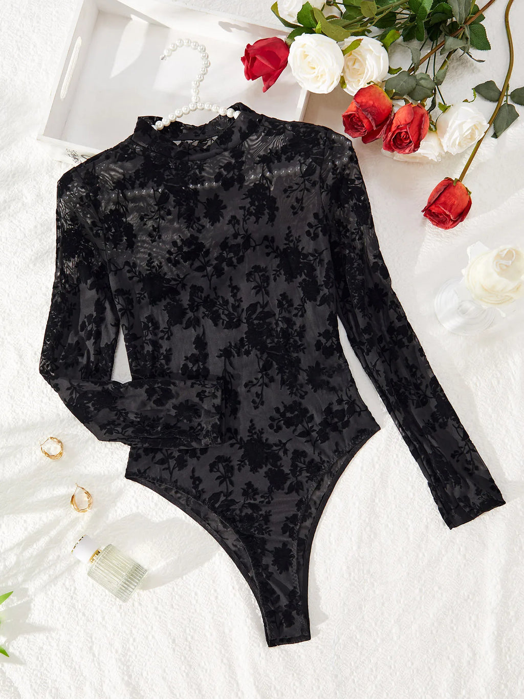 Autumn Y2k Retro Hollowing Mesh See Through Long Sleeve Black Jumpsuits Sexy Embroidery Lace for Woman