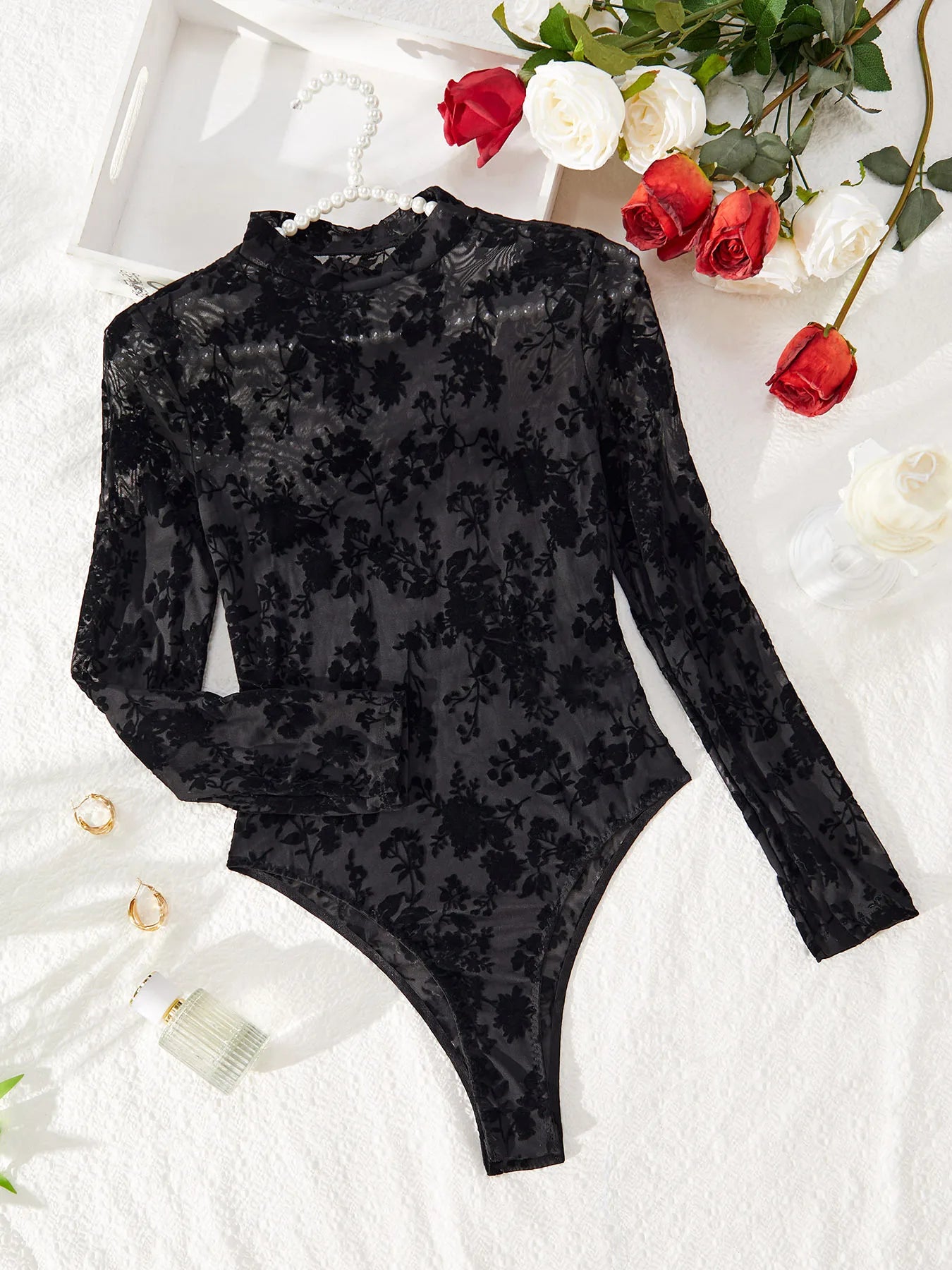 Autumn Y2k Retro Hollowing Mesh See Through Long Sleeve Black Jumpsuits Sexy Embroidery Lace for Woman