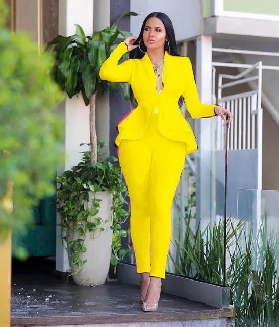 New 2025 Women Long Sleeve Solid Ruffles Design Top & Skinny Pencil Pant Sets Two Piece Set Women Outfits