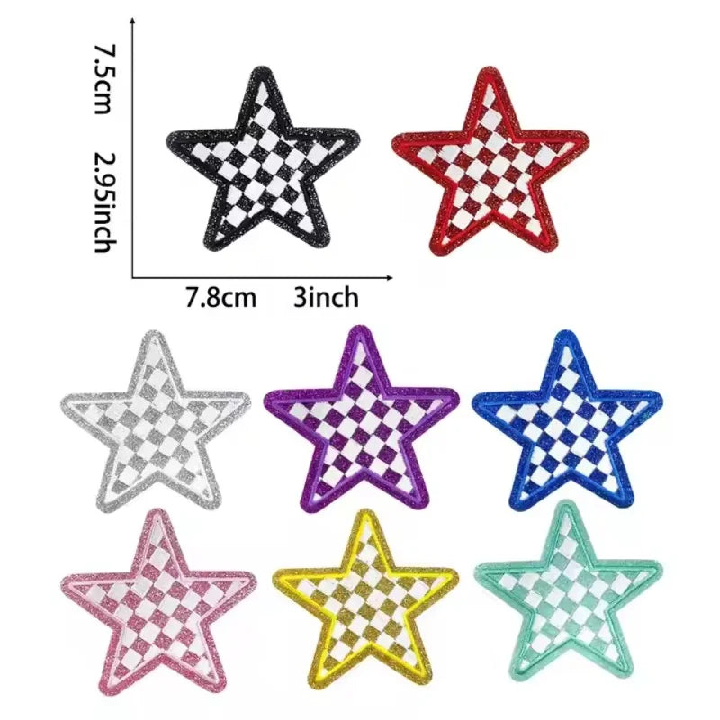 8 Pcs Glitter Star Iron on Patch Set Checkered Sequin Applique Embroidery DIY Badge for Clothes Backpack Hat Jacket Decor