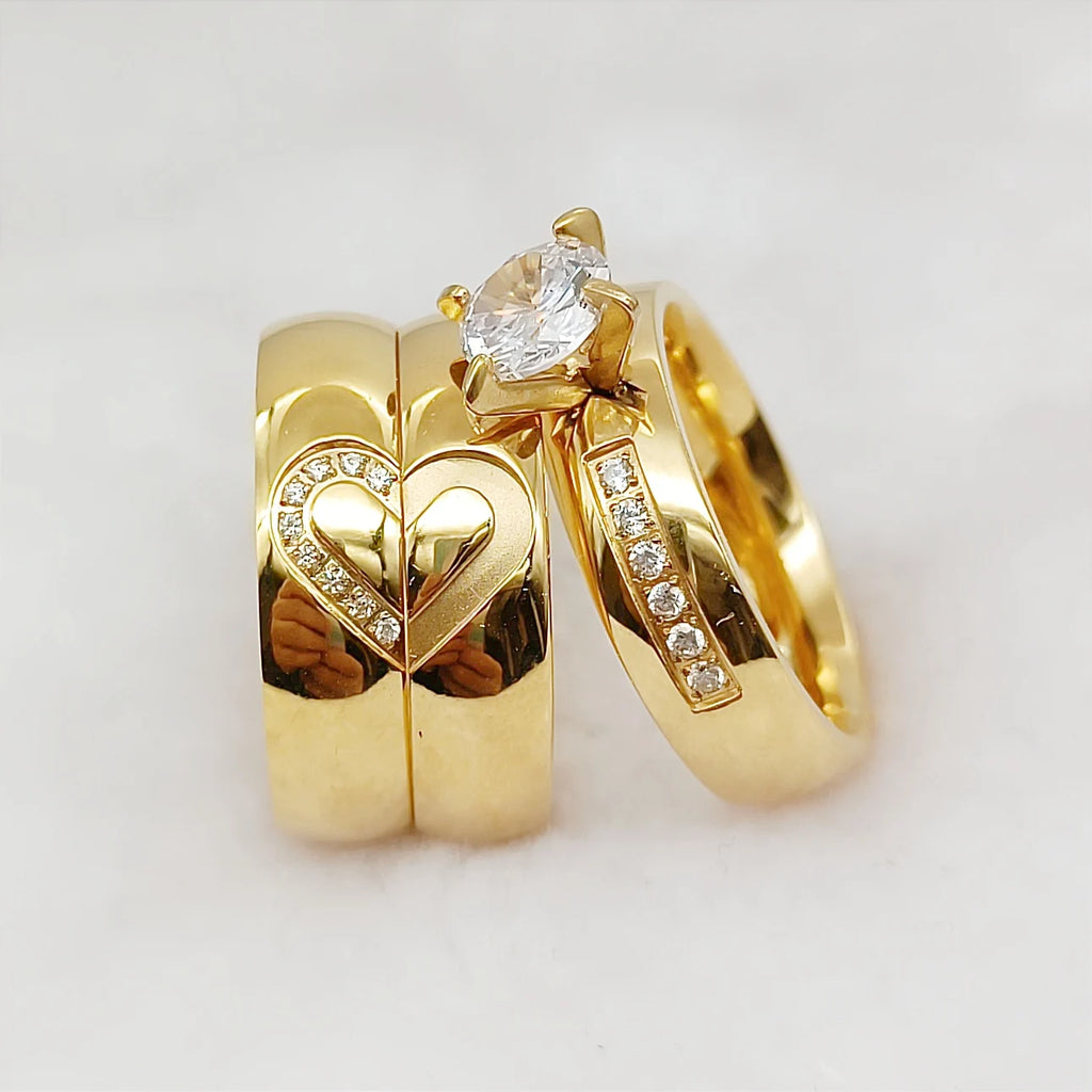 24K Gold Stainless Steel Wedding Bands 3pcs Classic Bridal Sets Love Lovers Number Wedding Rings 18K Discount Fashionable Styles