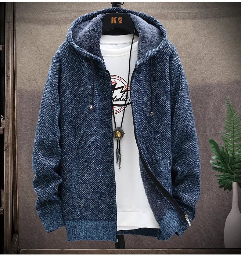 Autumn Winter Men's Sweaters Hooded Knit Cardigan Korean Sweaters Jacket Fleece Lined Hoodies Windbreaker Coat