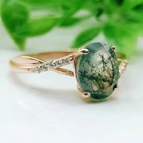 Oval Cut Moss Agate Ring 925 Sterling Silver Rose Gold Plated Promise Ring Delicate Prong Set Engagement Ring