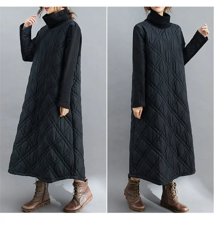 Retro Quilted Diamond Dress Thick Stitching Warm Autumn Winter Clothing New Women's High-Neck Casual Long Tunic y750