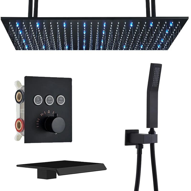 Luxury Black LED Thermostatic Shower Faucet Large Rain Waterfall Shower System Button Control Thermostatic Mixer Tap Bath Shower