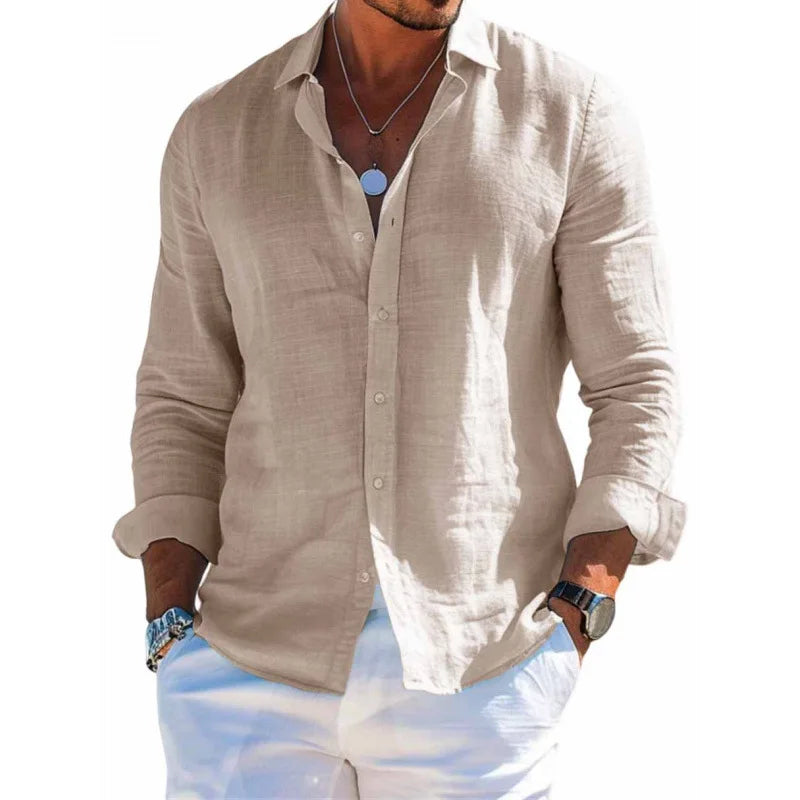 Summer Men's Solid Fashion Versatile Shirt Beach Shirts Men Long Sleeved Cardigan Tops Turn Down Collar Slim Fit