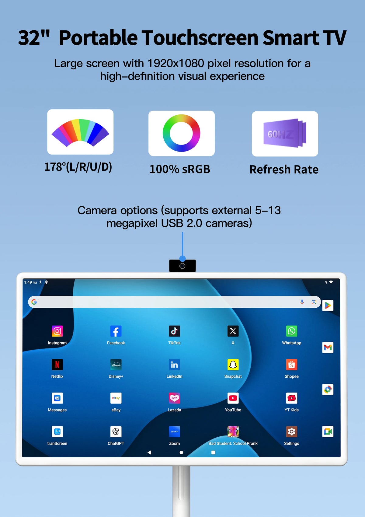 Hot 32 Inch Android Portable Smart TV with Battery Capacitive Display Vertical Touchscreen LCD Monitors All in One Portable TV