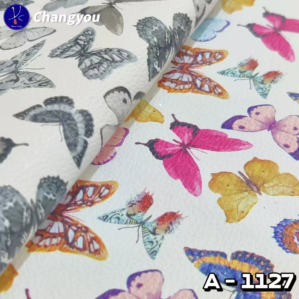 A-1127 PU Synthetic Leather Glitter Effect Butterflies Design Durable Fabric for Fashion Bags Shoes Sofas Outdoor Garment Use